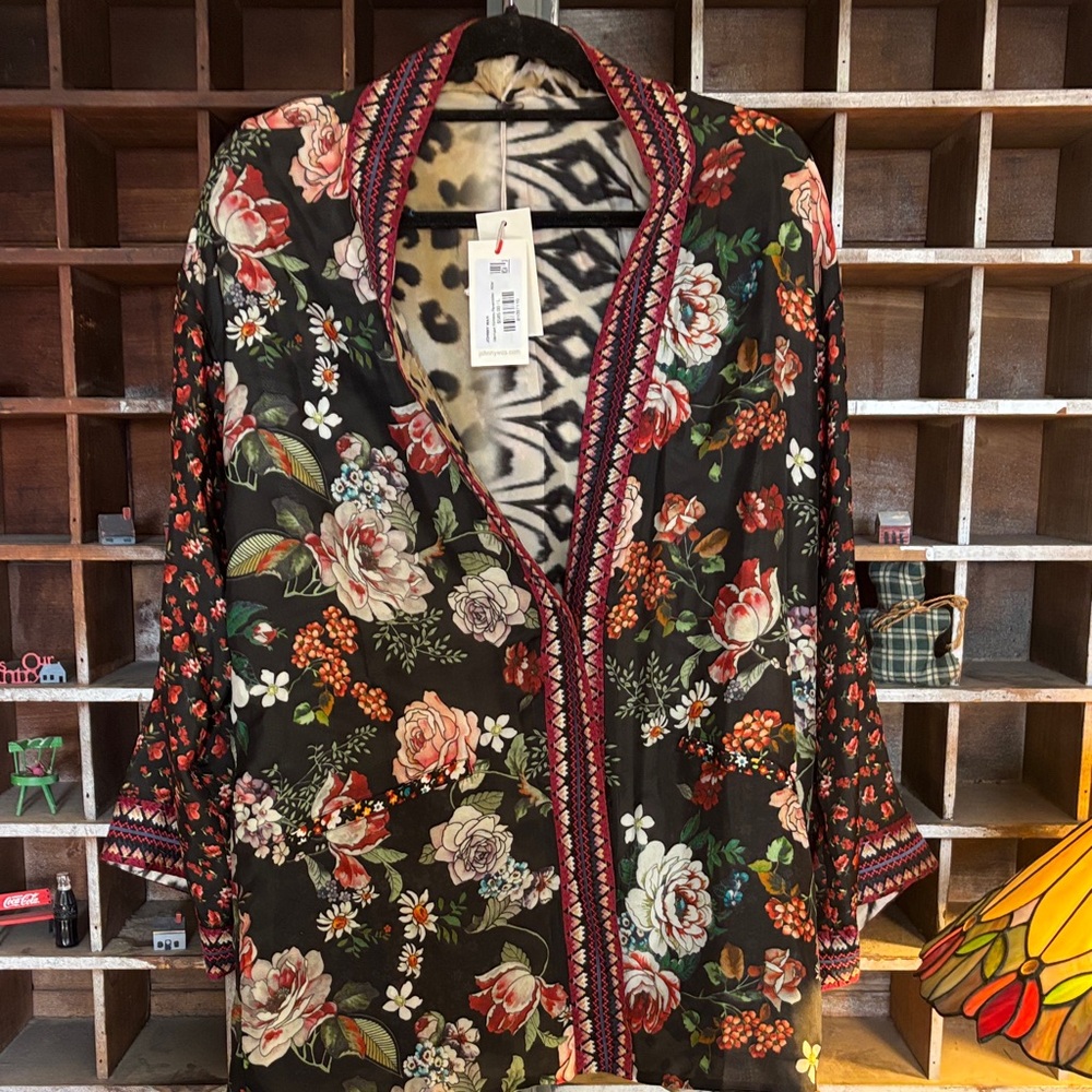 Johnny Was Merhawi Kimono with Red and Black Patterns